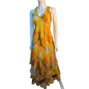 Marshall Rousso Vintage Caped Sleeveless Maxi Tiered Chiffon Yellow Size 6 EUC
